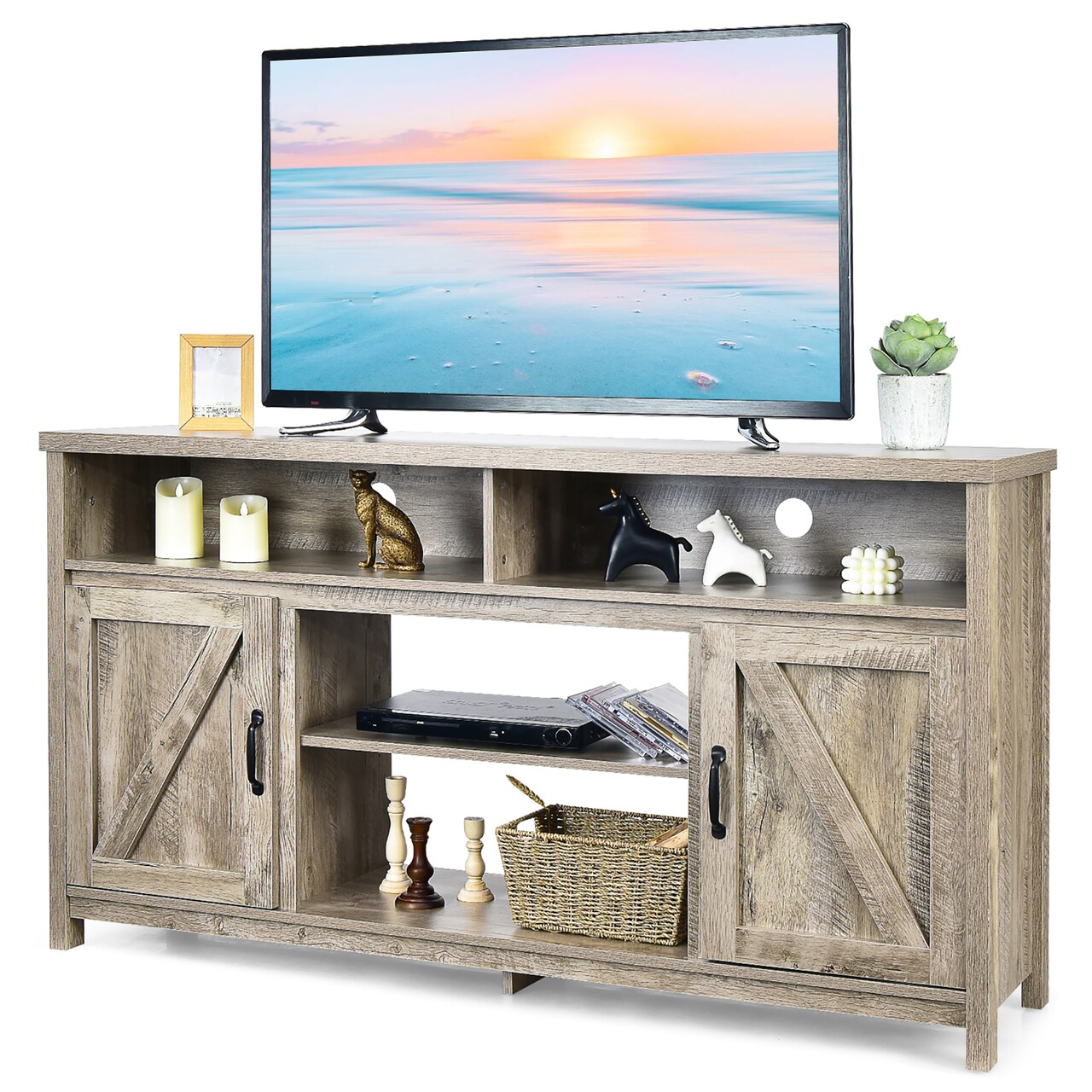 Costway 59'' TV Stand Media Center Console Cabinet w/ Barn Door for TV's 65'' Natural\Black\Coffee